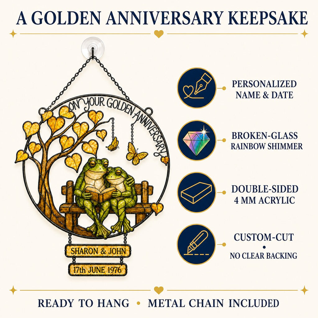 Personalized Golden Anniversary Frog Couple on Bench Holographic Acrylic Suncatcher