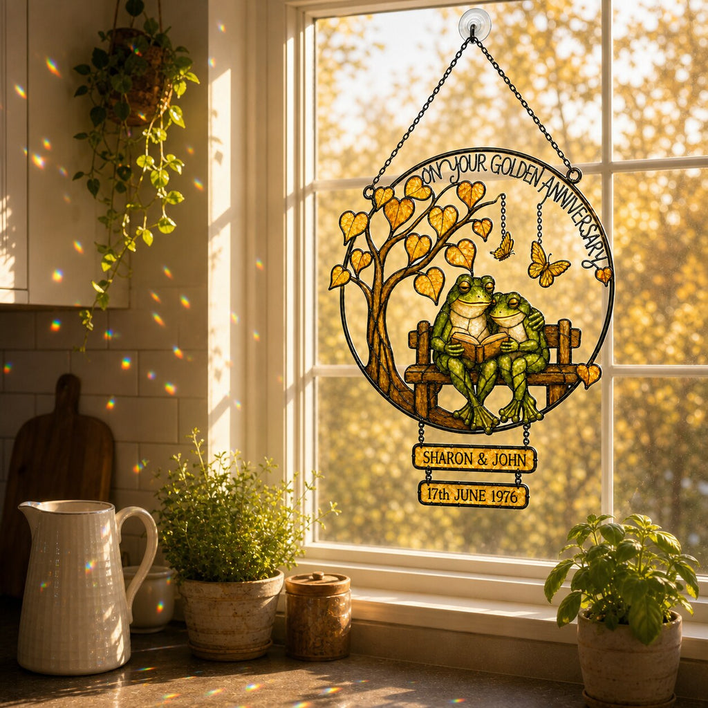 Personalized Golden Anniversary Frog Couple on Bench Holographic Acrylic Suncatcher