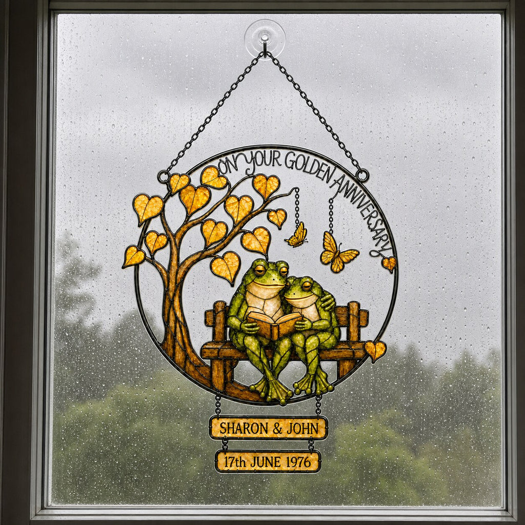 Personalized Golden Anniversary Frog Couple on Bench Holographic Acrylic Suncatcher
