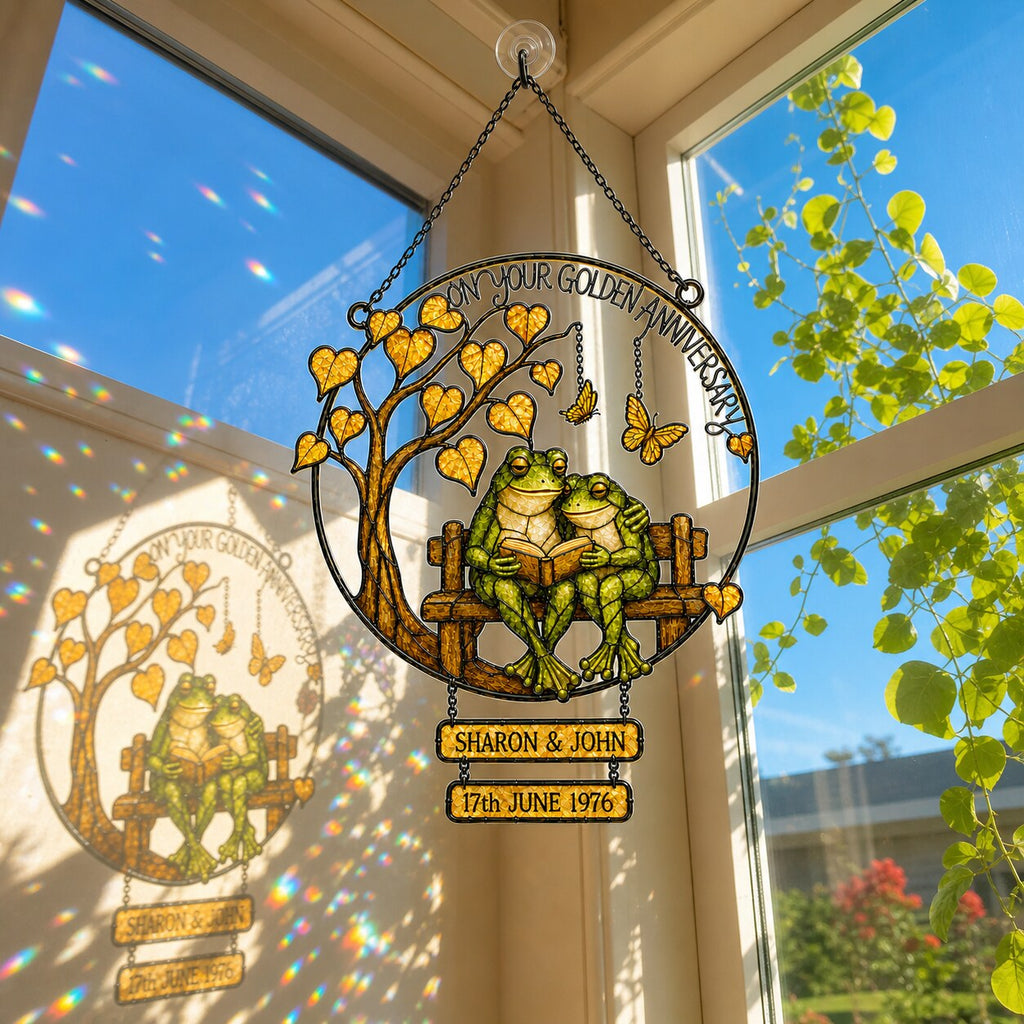 Personalized Golden Anniversary Frog Couple on Bench Holographic Acrylic Suncatcher