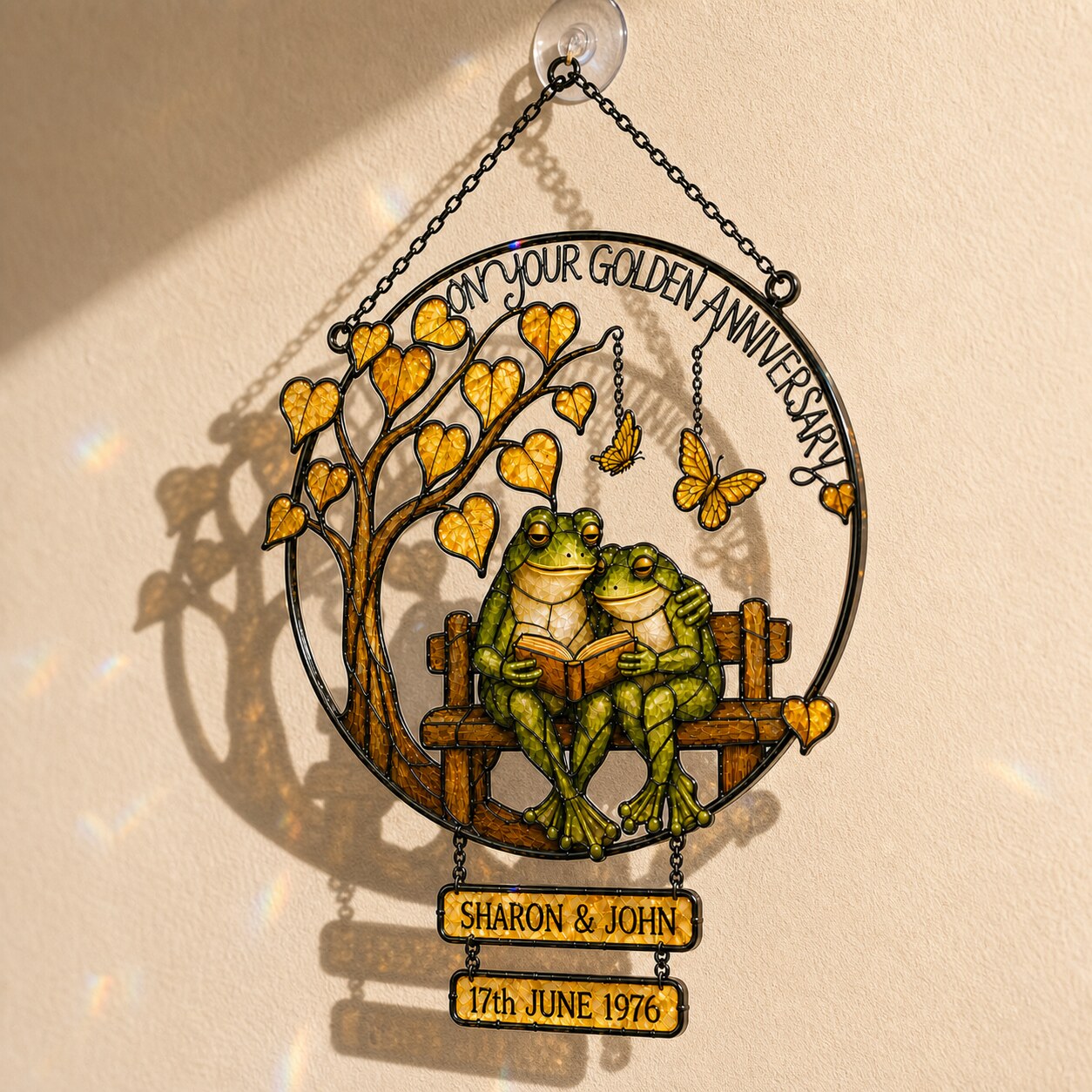 Personalized Golden Anniversary Frog Couple on Bench Holographic Acrylic Suncatcher
