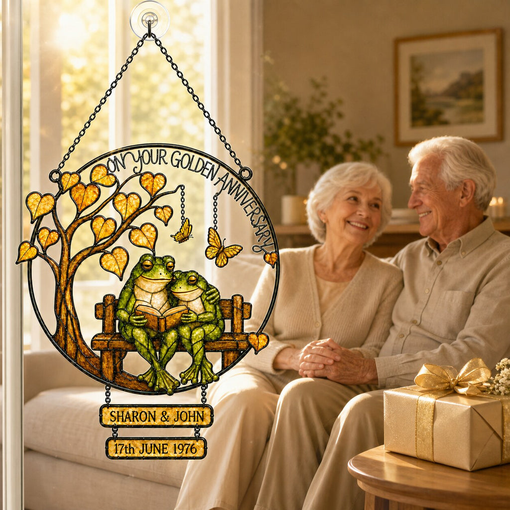 Personalized Golden Anniversary Frog Couple on Bench Holographic Acrylic Suncatcher