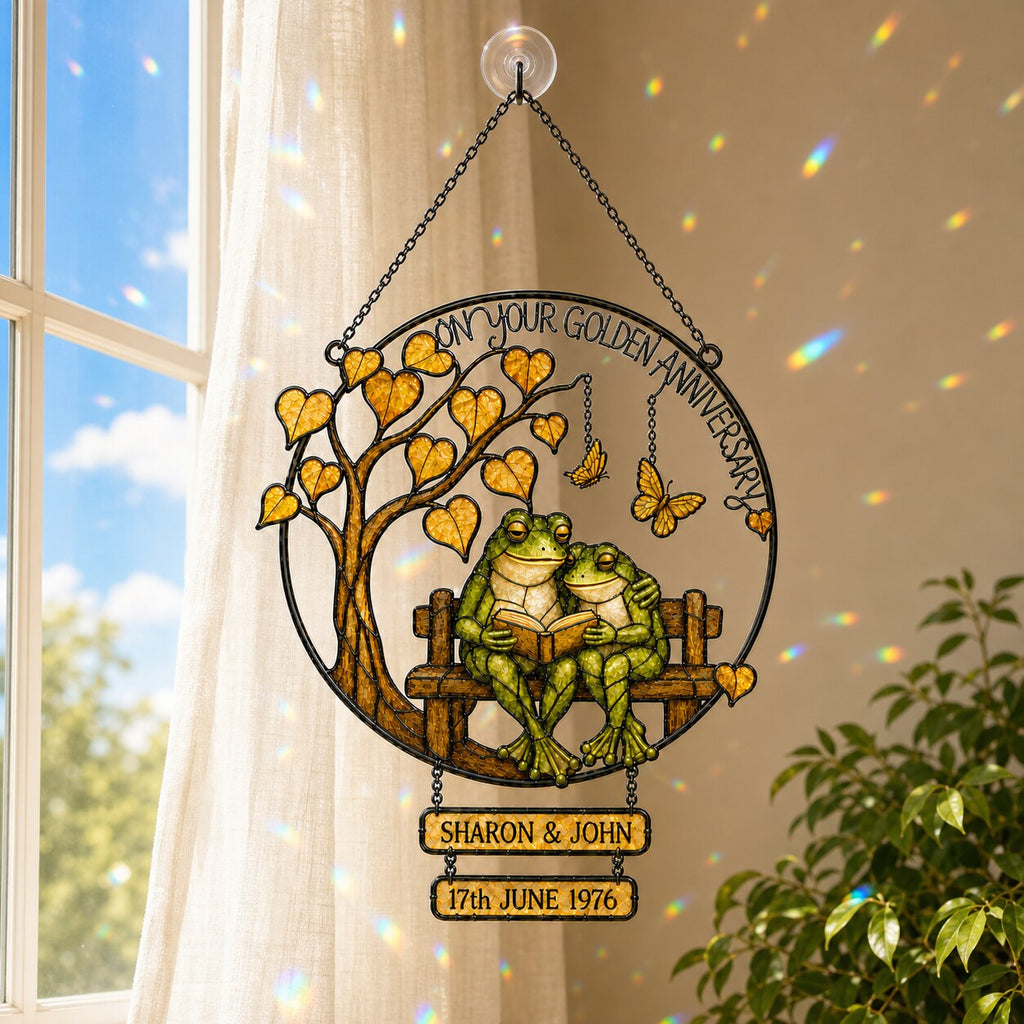Personalized Golden Anniversary Frog Couple on Bench Holographic Acrylic Suncatcher