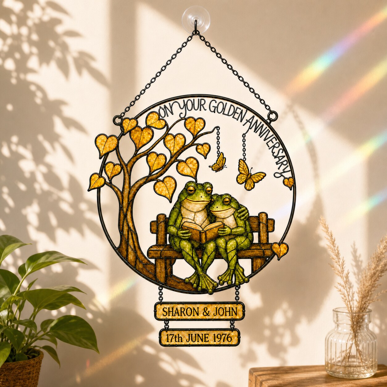 Personalized Golden Anniversary Frog Couple on Bench Holographic Acrylic Suncatcher