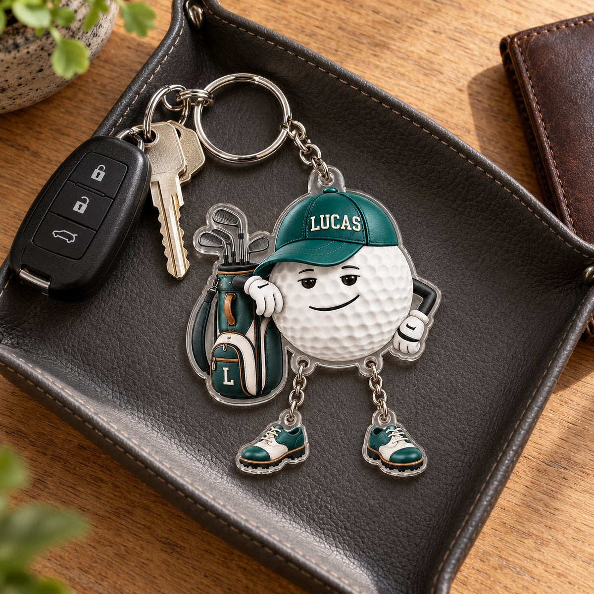 Personalized Golf Ball Buddy Acrylic Keychain with Dangling Golf Shoes — Name on the Cap, Six Team Colors