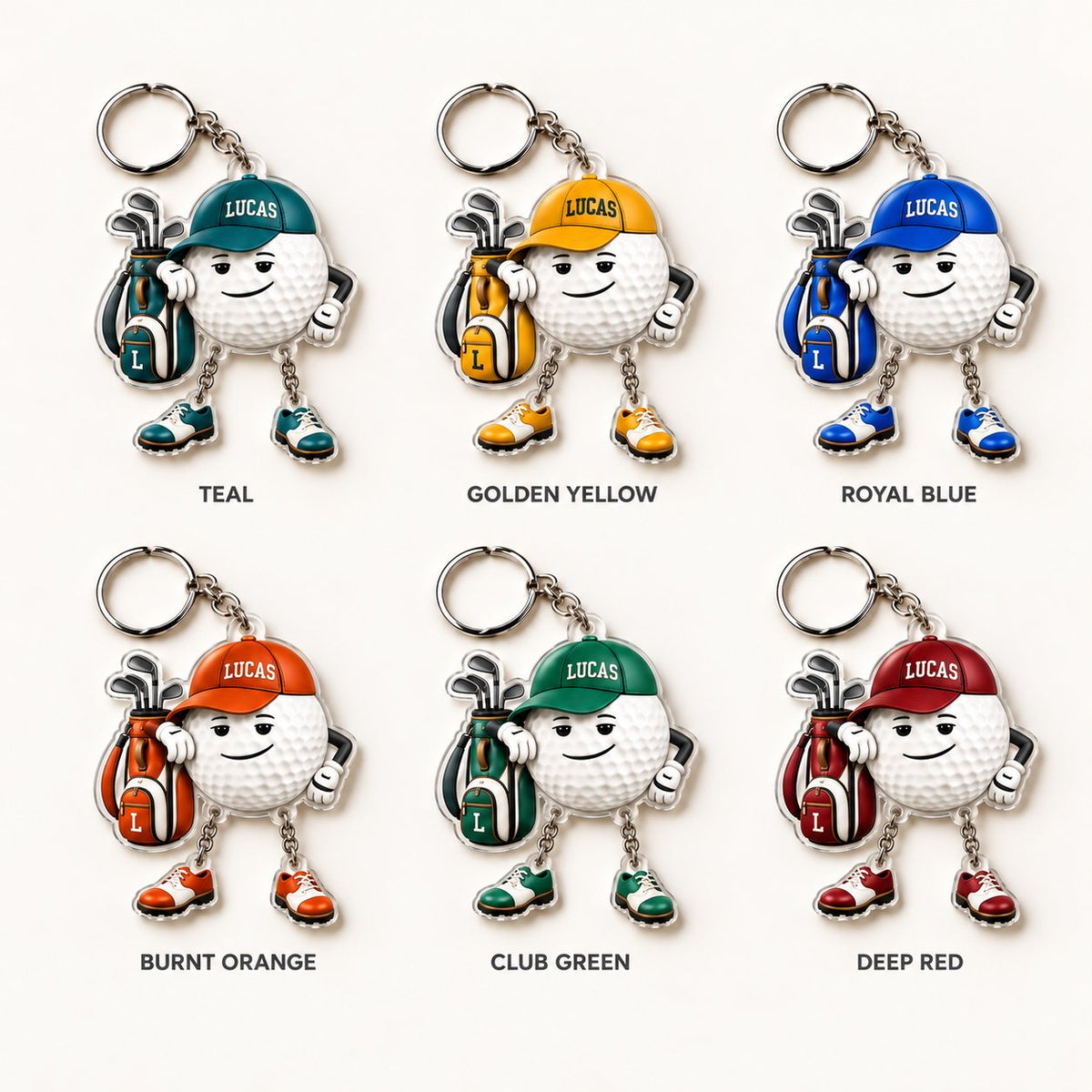 Personalized Golf Ball Buddy Acrylic Keychain with Dangling Golf Shoes — Name on the Cap, Six Team Colors