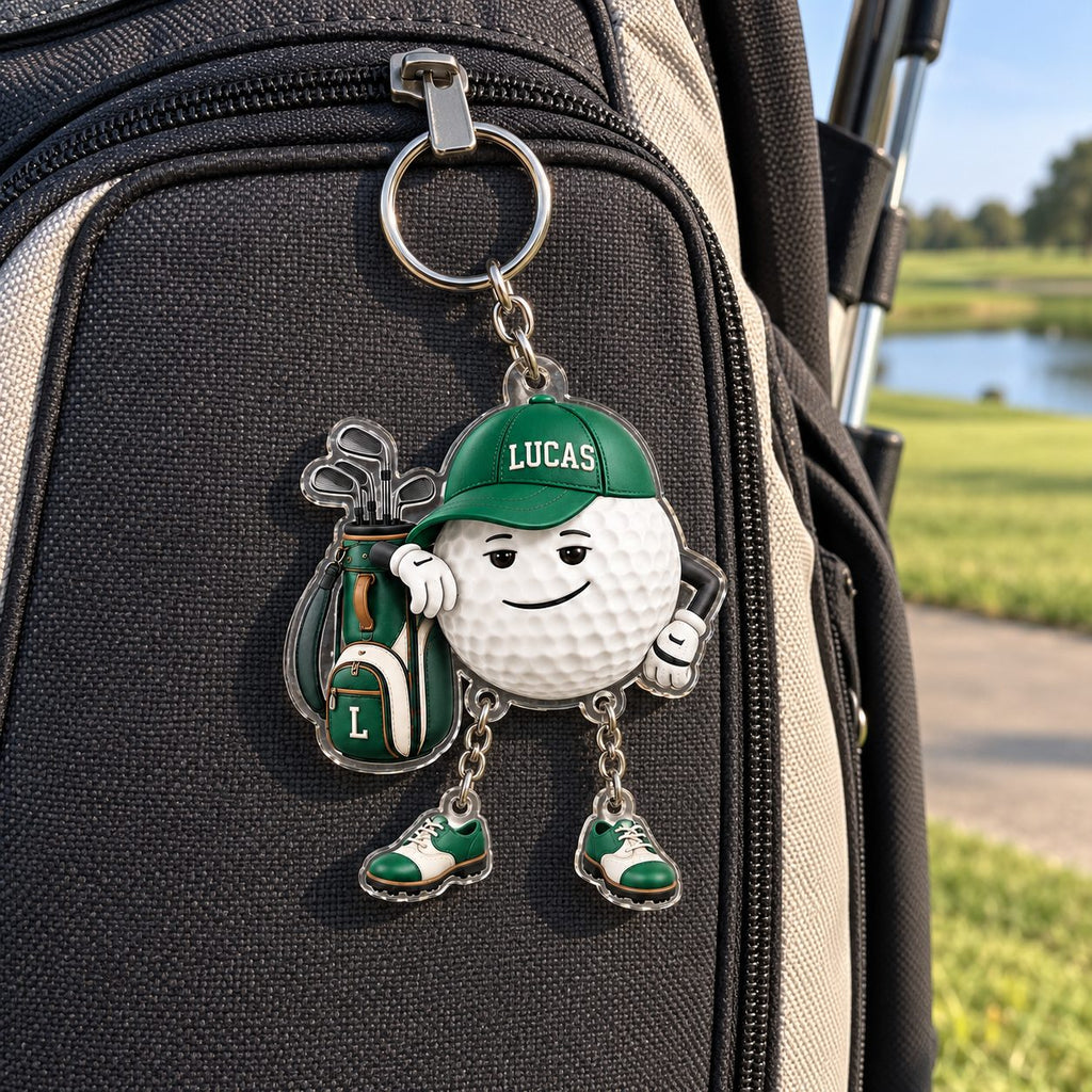 Personalized Golf Ball Buddy Acrylic Keychain with Dangling Golf Shoes — Name on the Cap, Six Team Colors