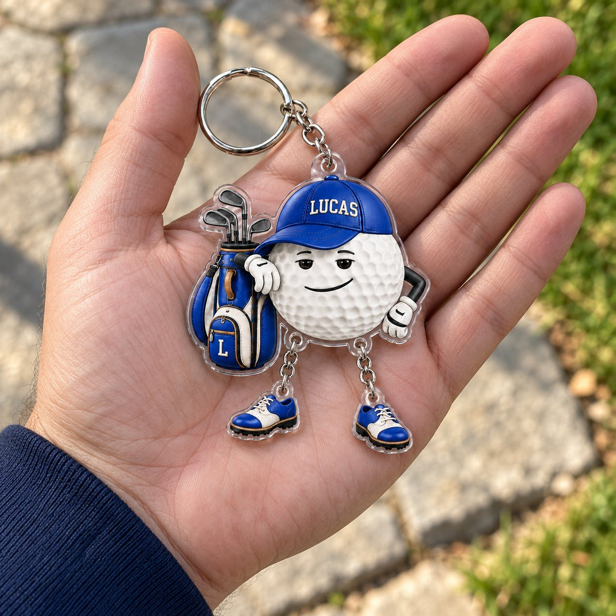 Personalized Golf Ball Buddy Acrylic Keychain with Dangling Golf Shoes — Name on the Cap, Six Team Colors