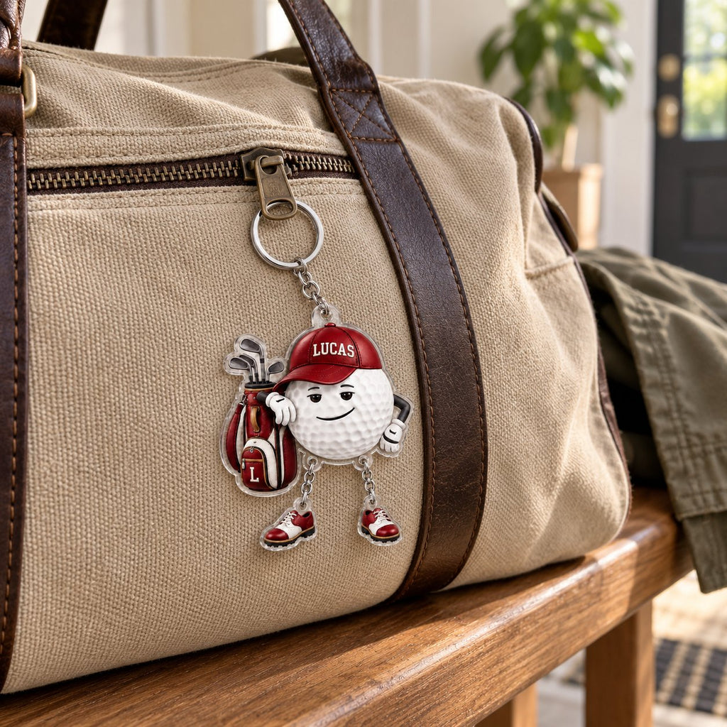 Personalized Golf Ball Buddy Acrylic Keychain with Dangling Golf Shoes — Name on the Cap, Six Team Colors