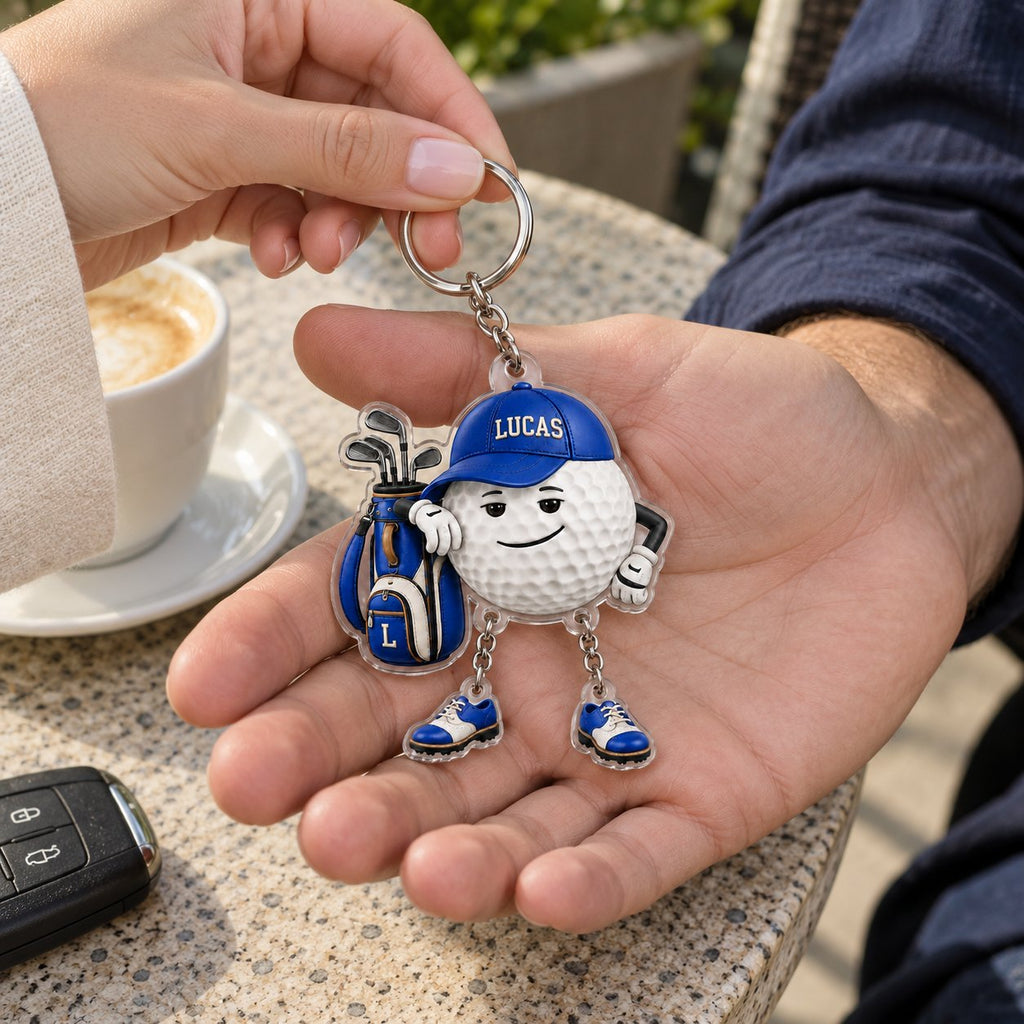 Personalized Golf Ball Buddy Acrylic Keychain with Dangling Golf Shoes — Name on the Cap, Six Team Colors