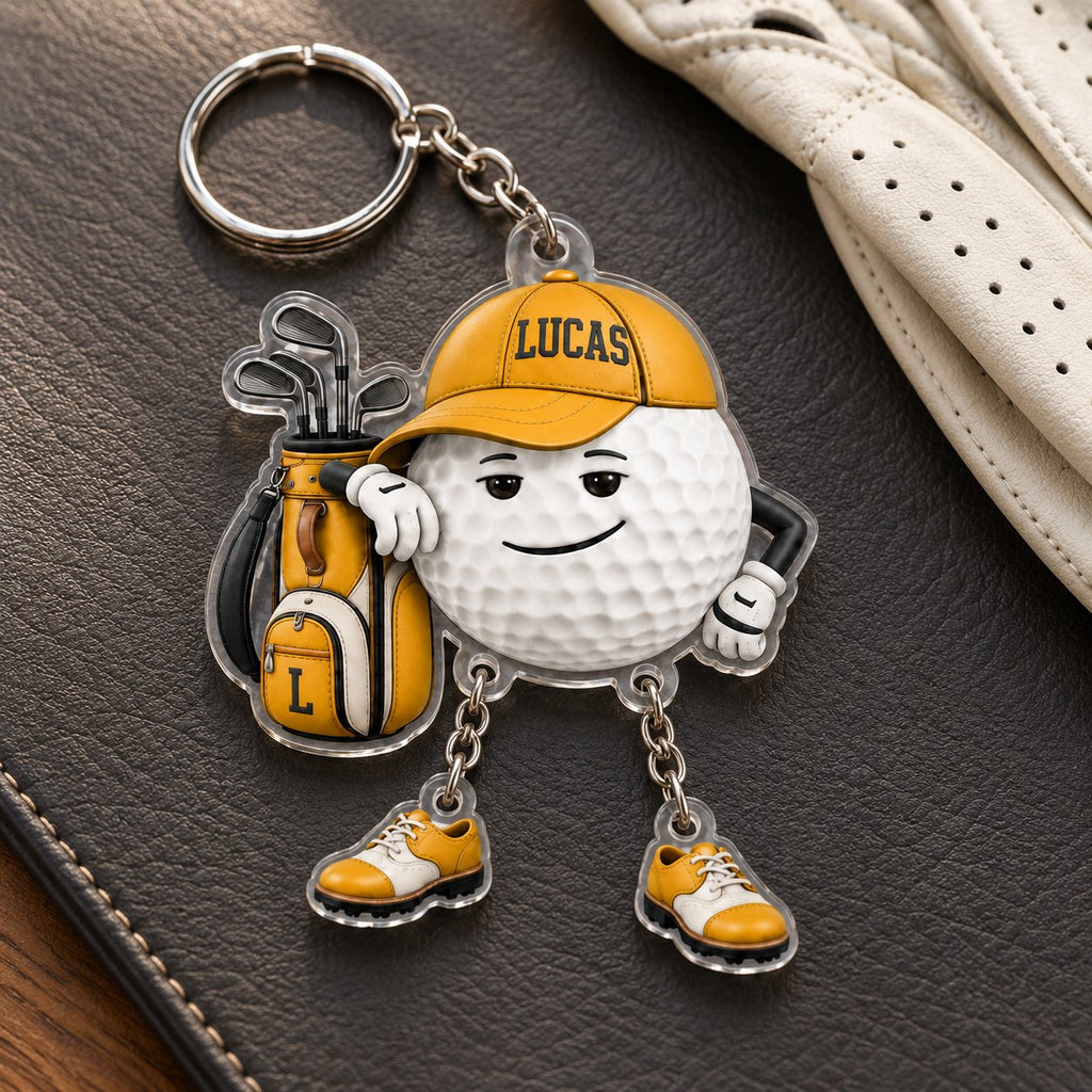Personalized Golf Ball Buddy Acrylic Keychain with Dangling Golf Shoes — Name on the Cap, Six Team Colors