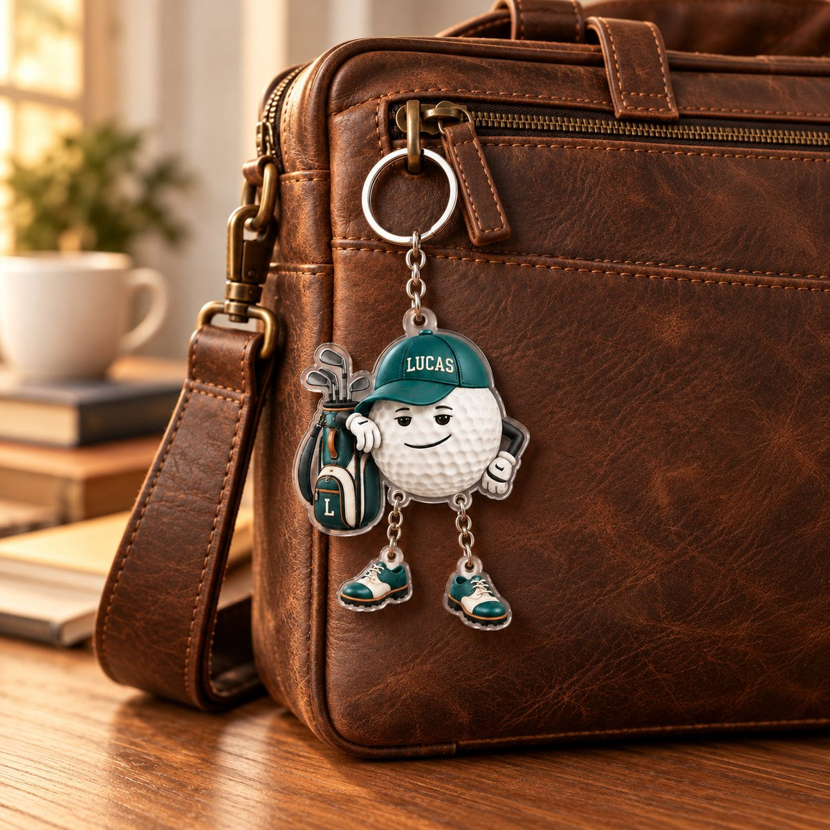 Personalized Golf Ball Buddy Acrylic Keychain with Dangling Golf Shoes — Name on the Cap, Six Team Colors