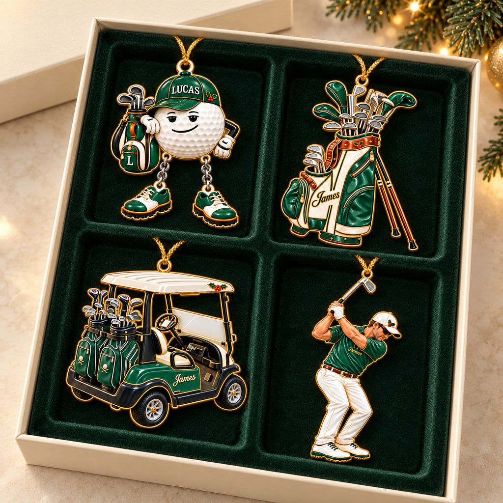 Personalized Golf Christmas Ornament Set of 4 — Golf Ball Buddy, Golf Bag, Golf Cart & Golfer, Ceramic, Six Team Colors