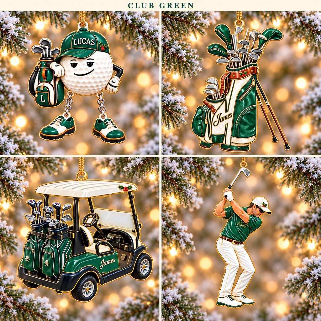 Personalized Golf Christmas Ornament Set of 4 — Golf Ball Buddy, Golf Bag, Golf Cart & Golfer, Ceramic, Six Team Colors
