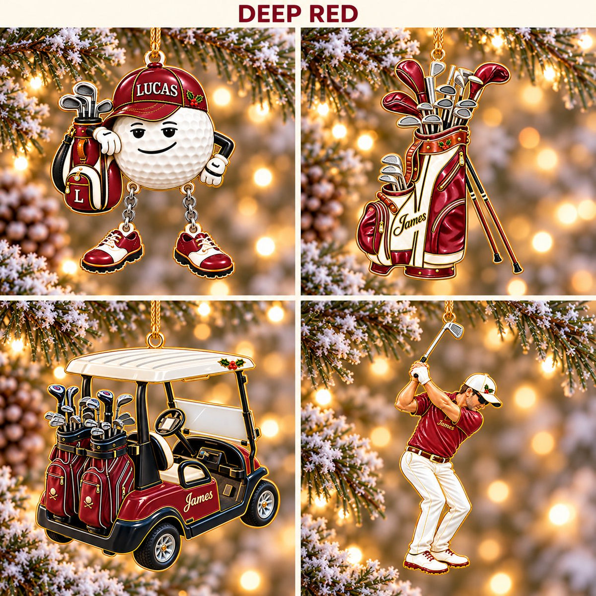 Personalized Golf Christmas Ornament Set of 4 — Golf Ball Buddy, Golf Bag, Golf Cart & Golfer, Ceramic, Six Team Colors