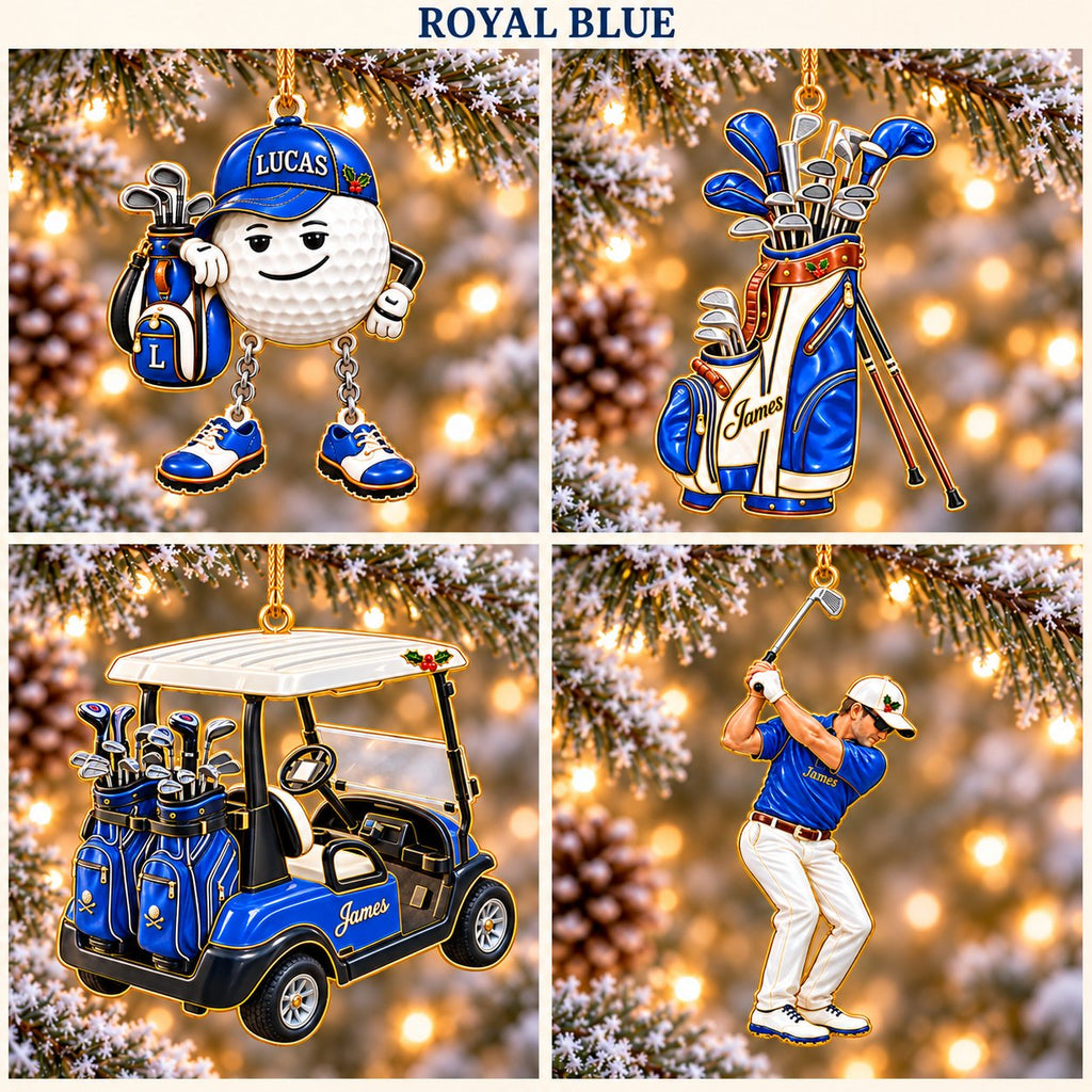 Personalized Golf Christmas Ornament Set of 4 — Golf Ball Buddy, Golf Bag, Golf Cart & Golfer, Ceramic, Six Team Colors