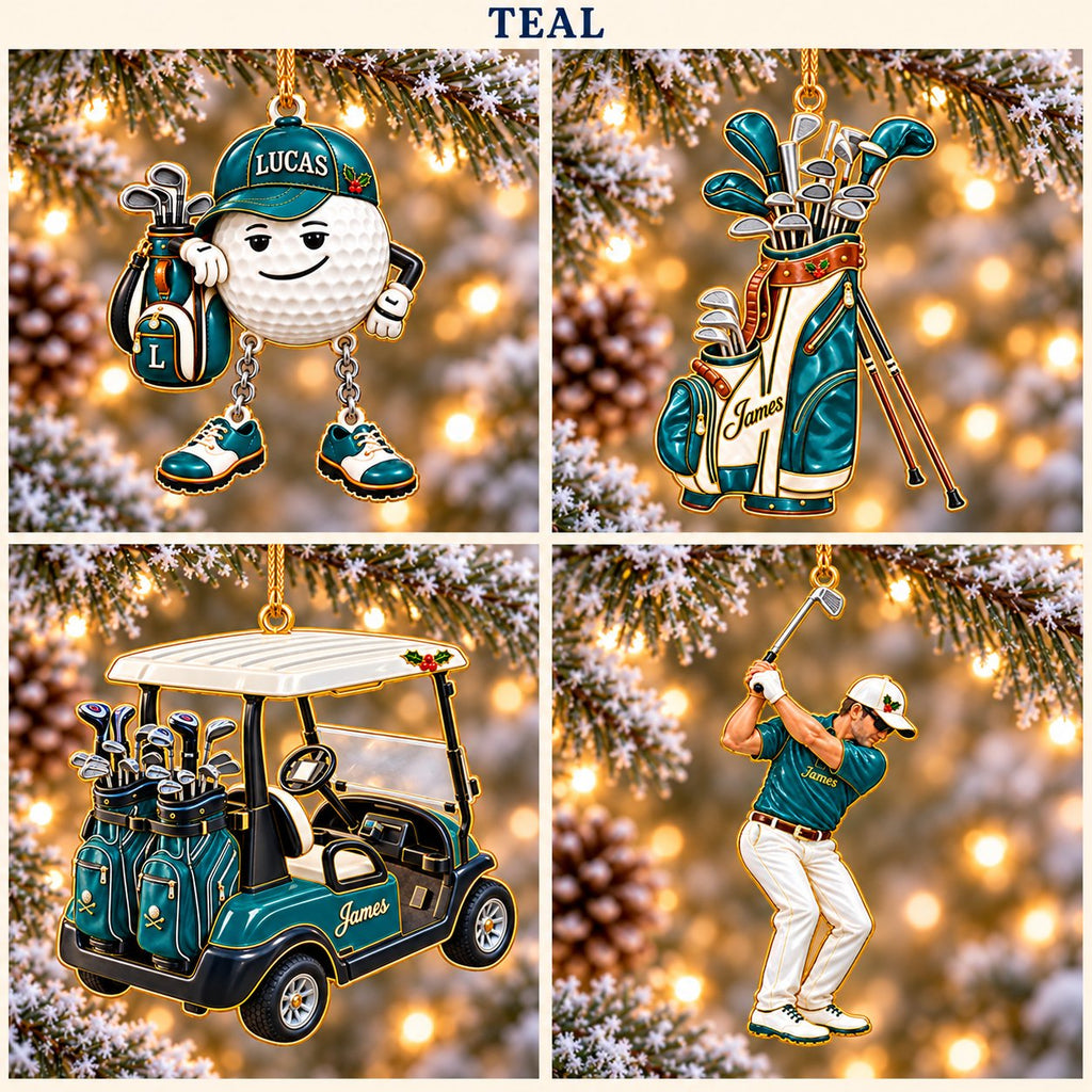 Personalized Golf Christmas Ornament Set of 4 — Golf Ball Buddy, Golf Bag, Golf Cart & Golfer, Ceramic, Six Team Colors