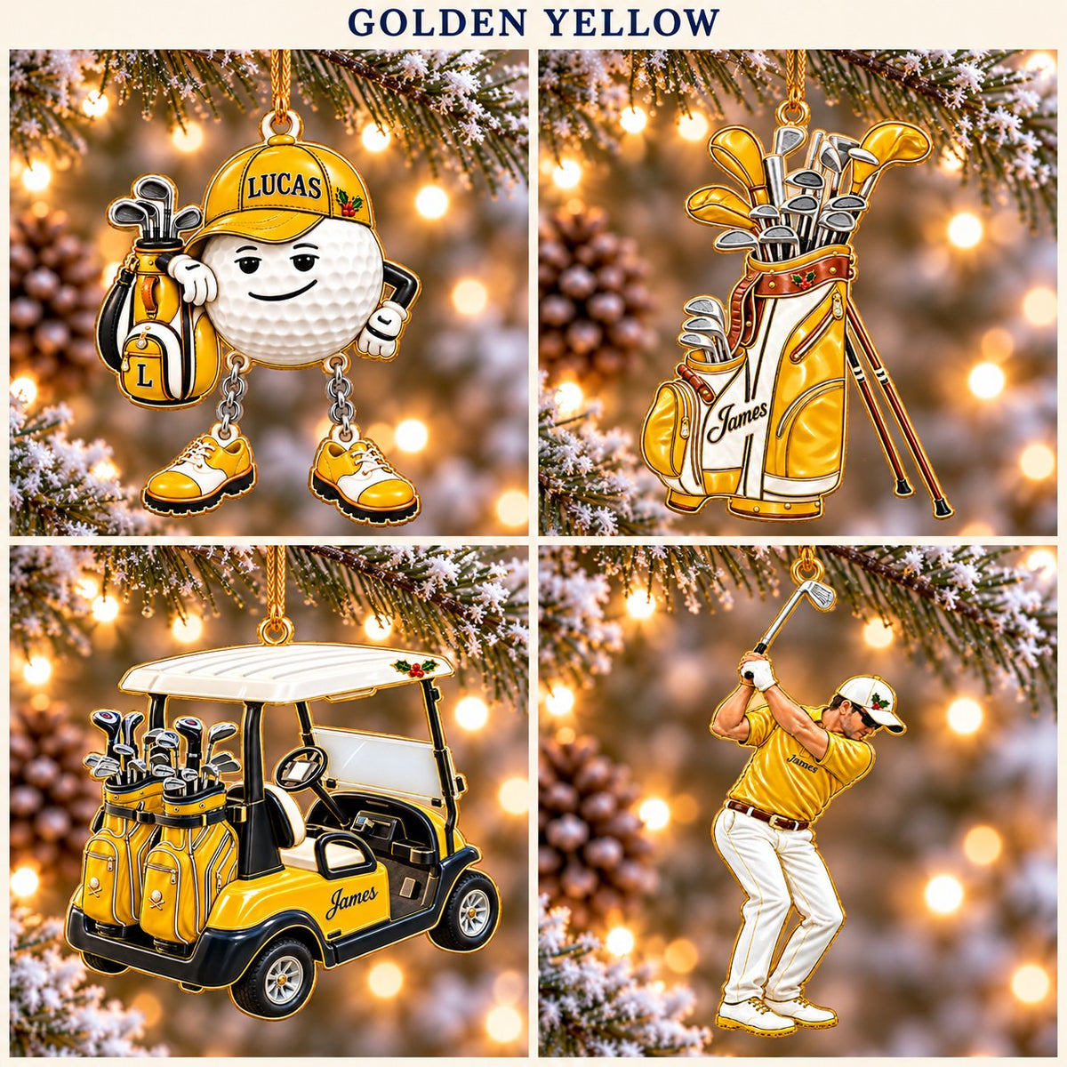 Personalized Golf Christmas Ornament Set of 4 — Golf Ball Buddy, Golf Bag, Golf Cart & Golfer, Ceramic, Six Team Colors