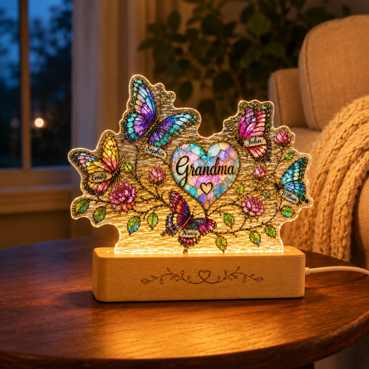 Personalized Grandma Butterfly & Heart Wavy Acrylic Night Light