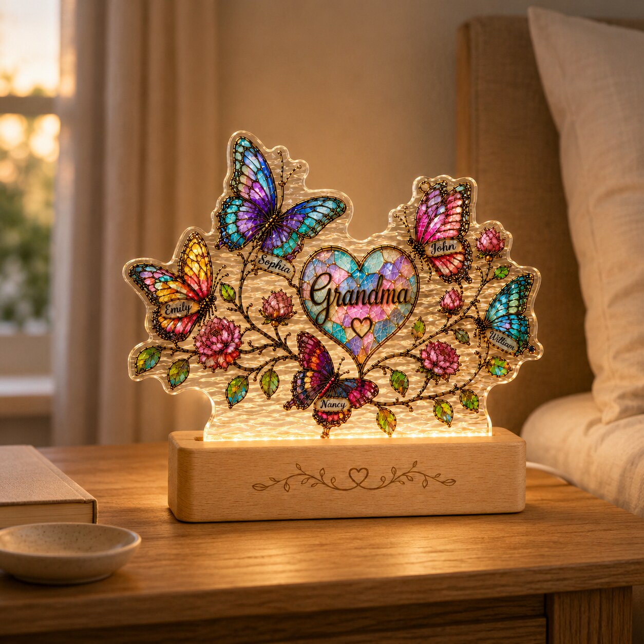Personalized Grandma Butterfly & Heart Wavy Acrylic Night Light