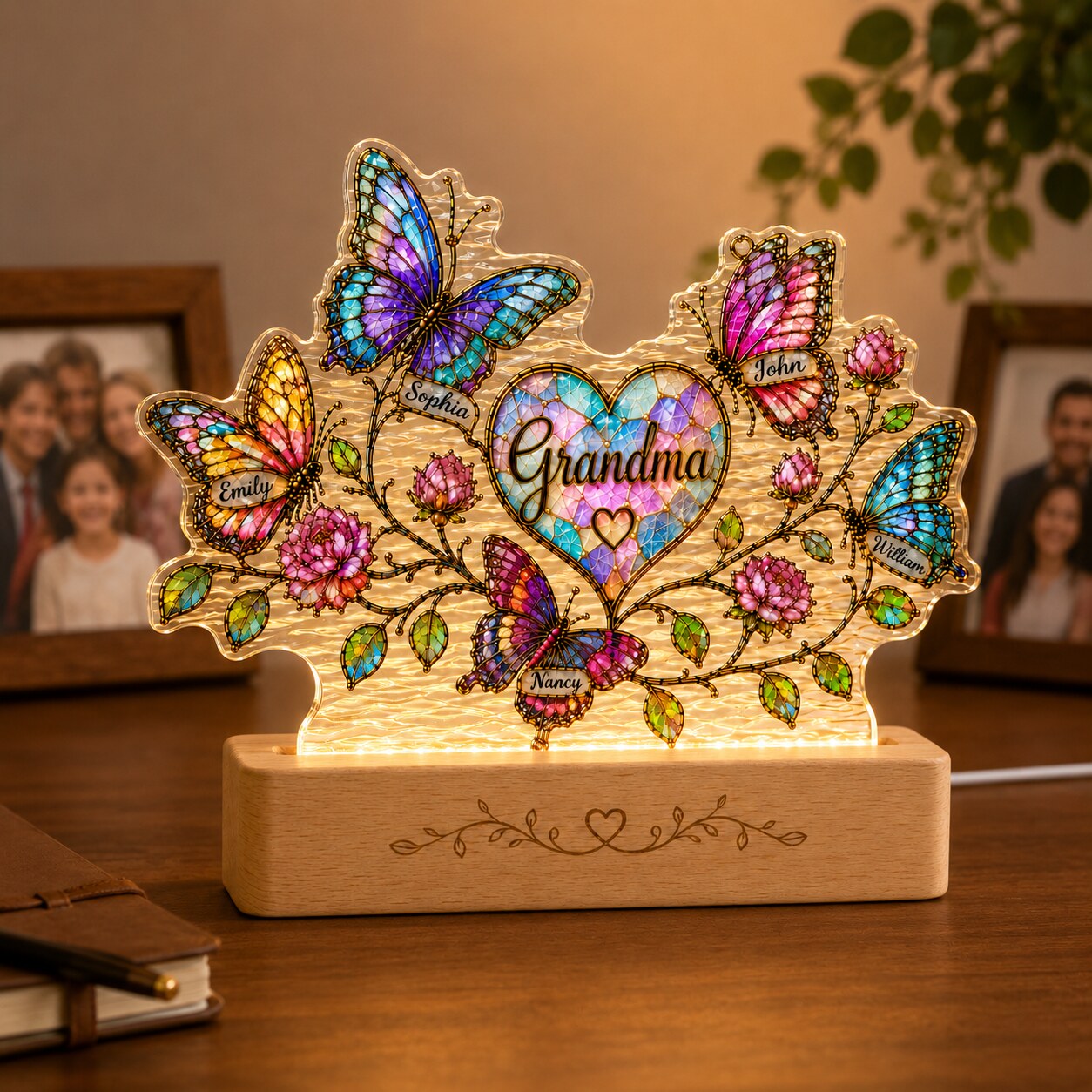 Personalized Grandma Butterfly & Heart Wavy Acrylic Night Light