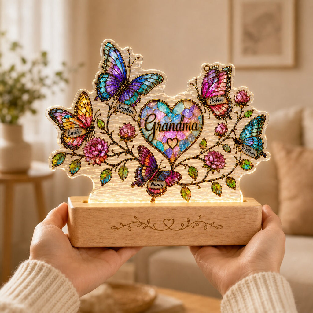 Personalized Grandma Butterfly & Heart Wavy Acrylic Night Light