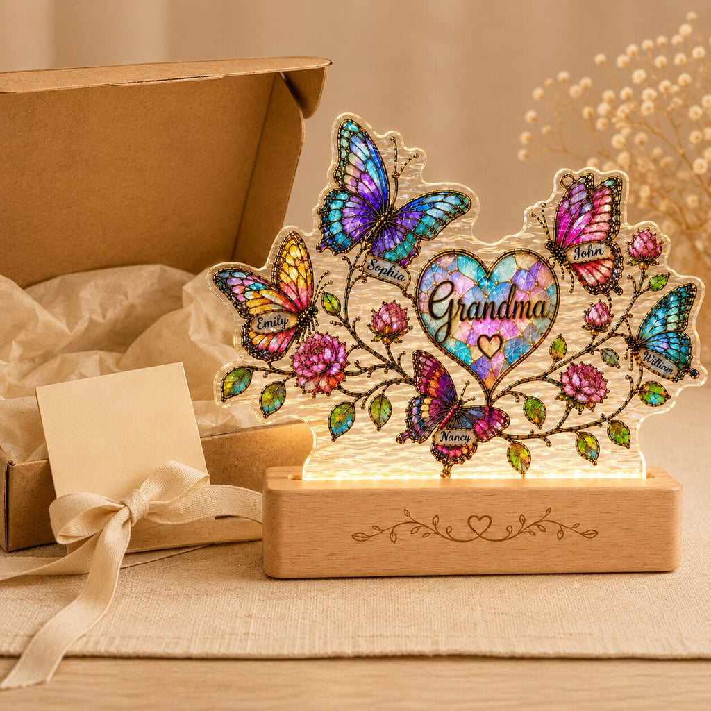 Personalized Grandma Butterfly & Heart Wavy Acrylic Night Light