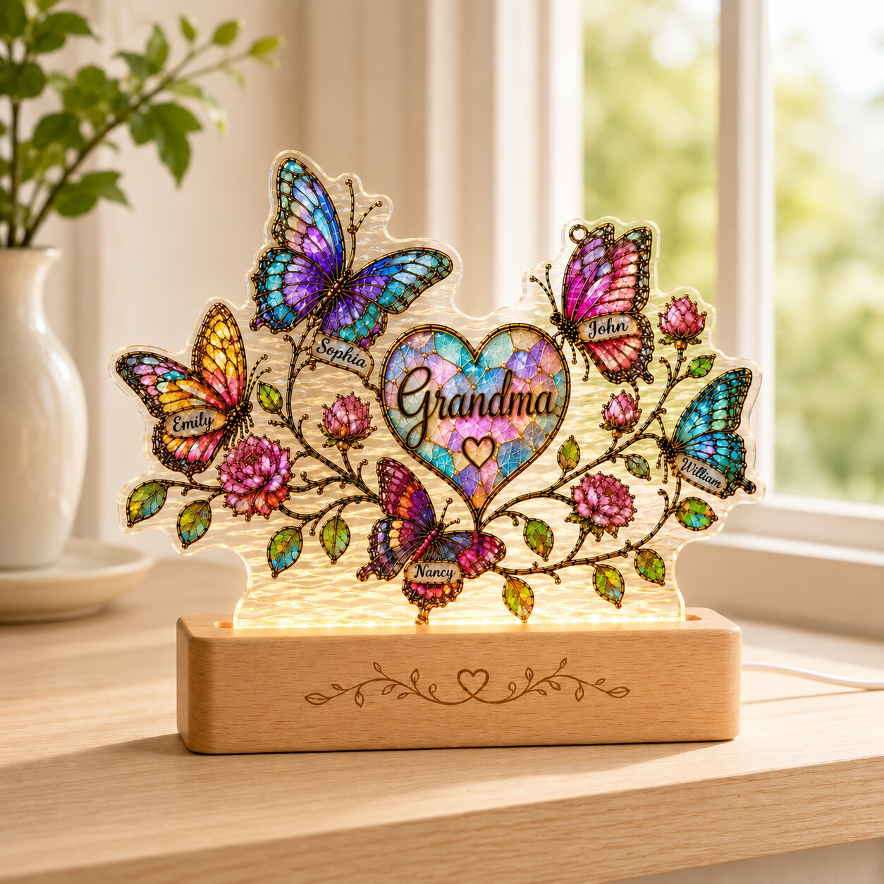 Personalized Grandma Butterfly & Heart Wavy Acrylic Night Light