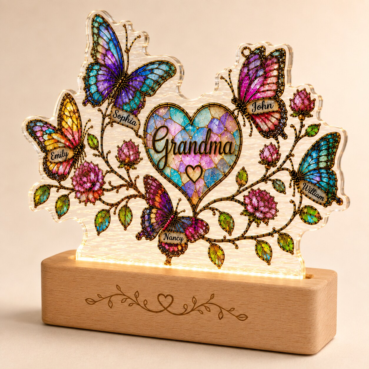 Personalized Grandma Butterfly & Heart Wavy Acrylic Night Light
