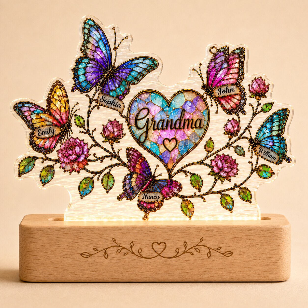 Personalized Grandma Butterfly & Heart Wavy Acrylic Night Light