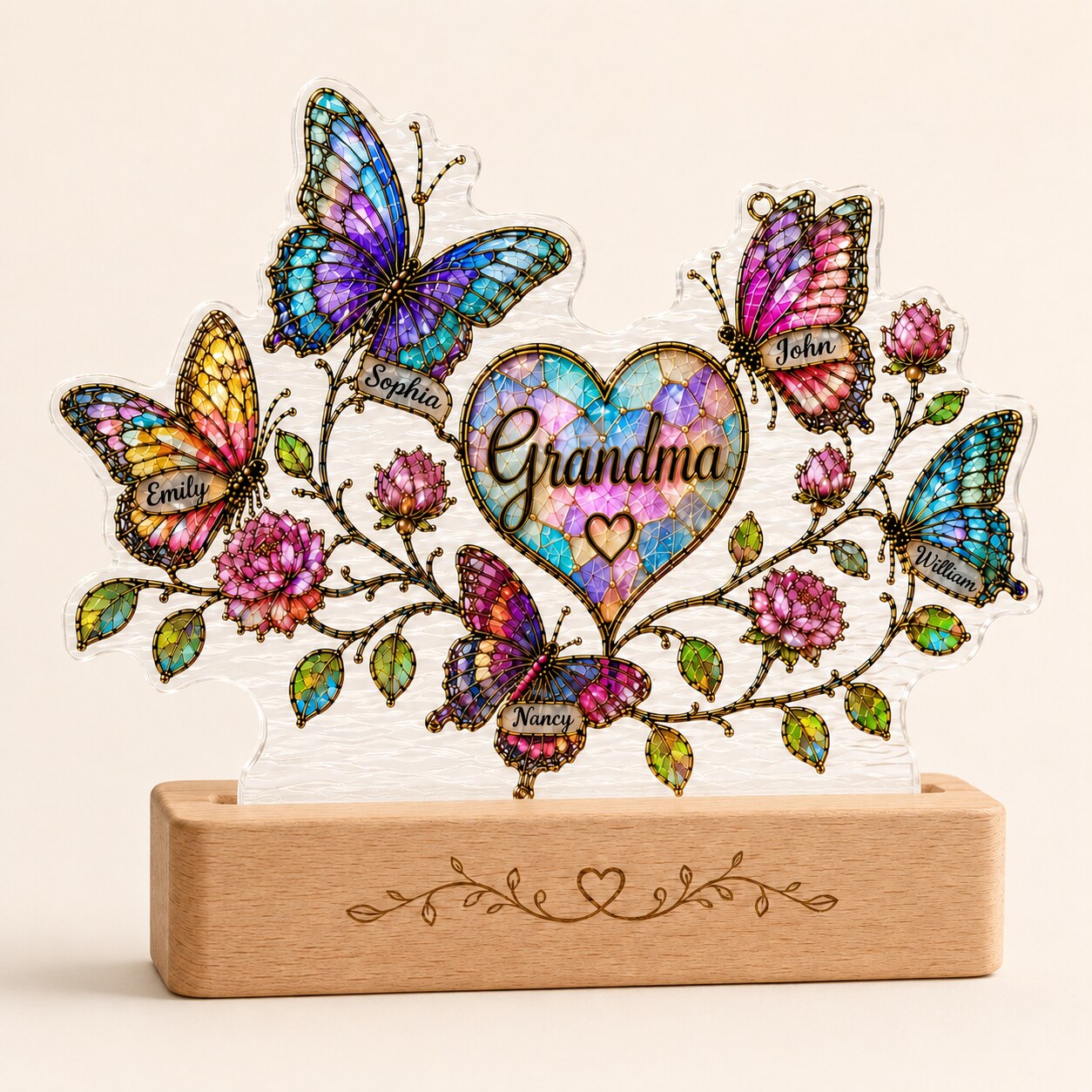 Personalized Grandma Butterfly & Heart Wavy Acrylic Night Light