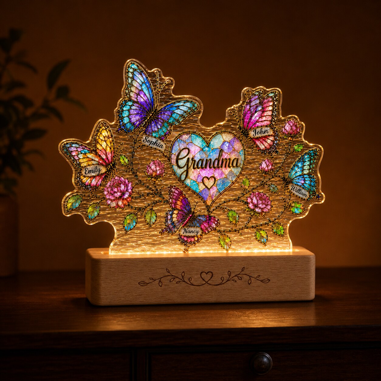 Personalized Grandma Butterfly & Heart Wavy Acrylic Night Light