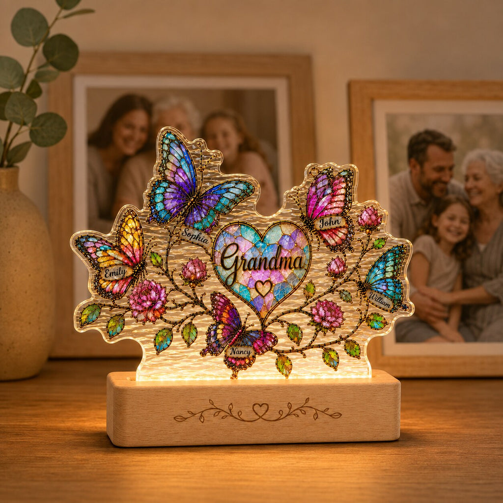Personalized Grandma Butterfly & Heart Wavy Acrylic Night Light