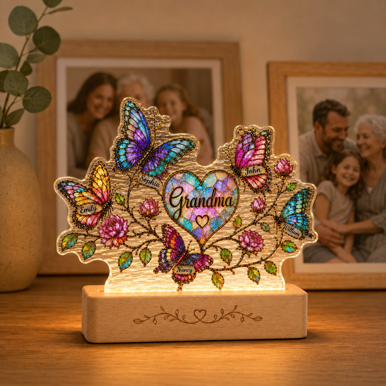 Personalized Grandma Butterfly & Heart Wavy Acrylic Night Light