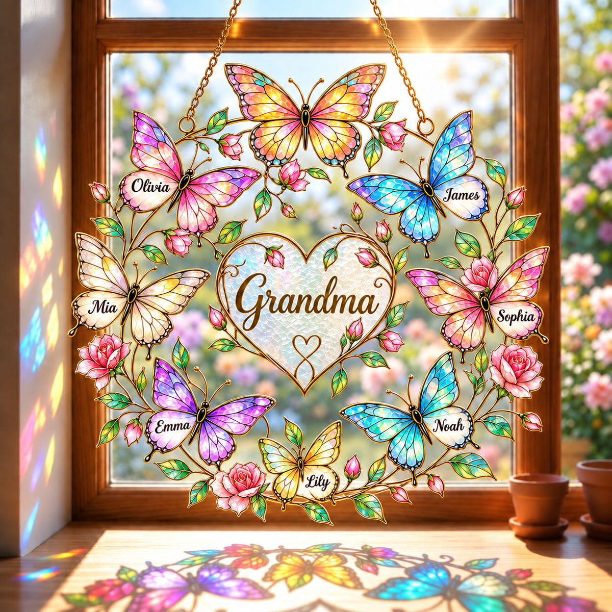 Personalized Family Names Butterfly Rose Heart Holographic Acrylic Suncatcher with Gem Charms