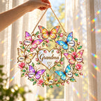 Personalized Family Names Butterfly Rose Heart Holographic Acrylic Suncatcher with Gem Charms