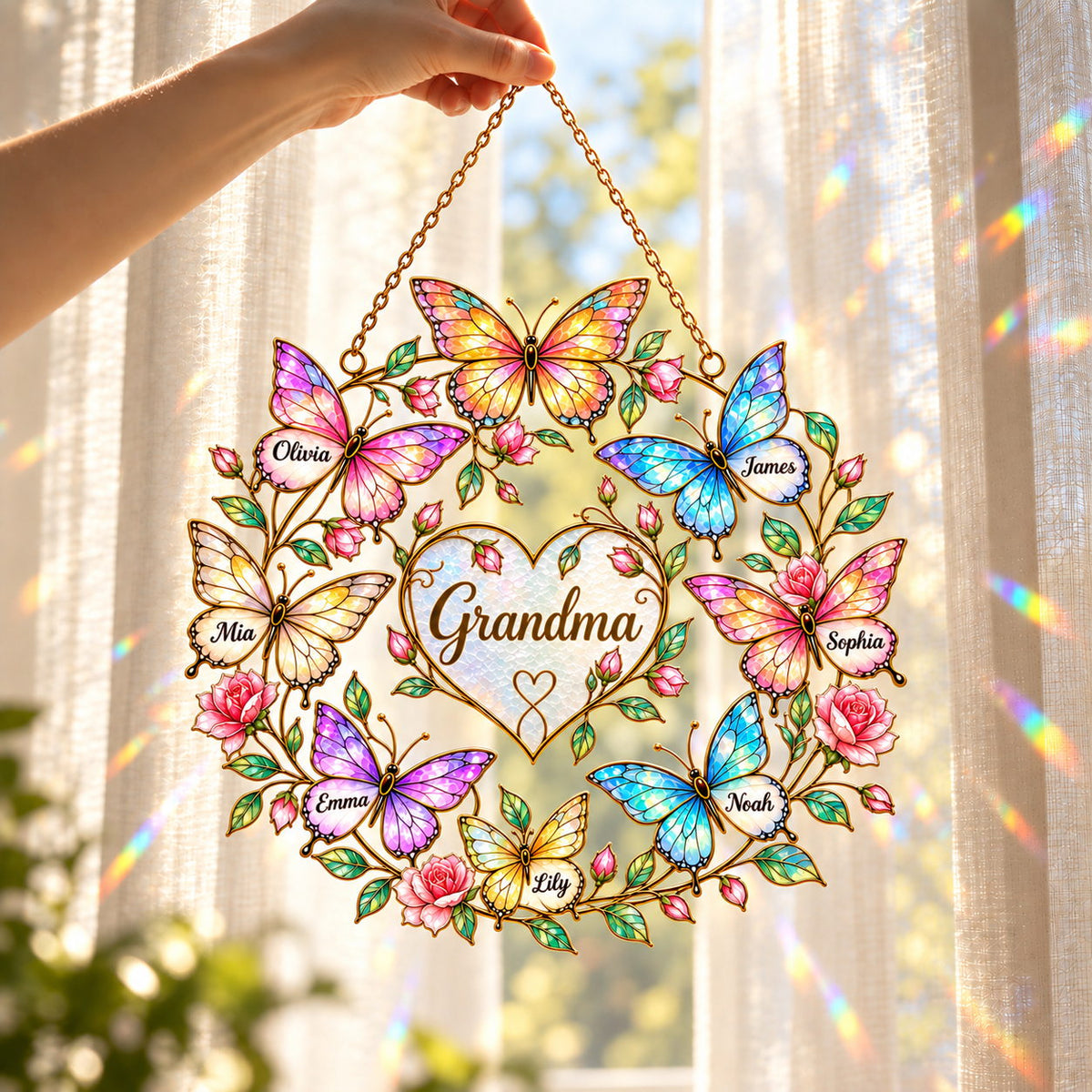 Personalized Family Names Butterfly Rose Heart Holographic Acrylic Suncatcher with Gem Charms