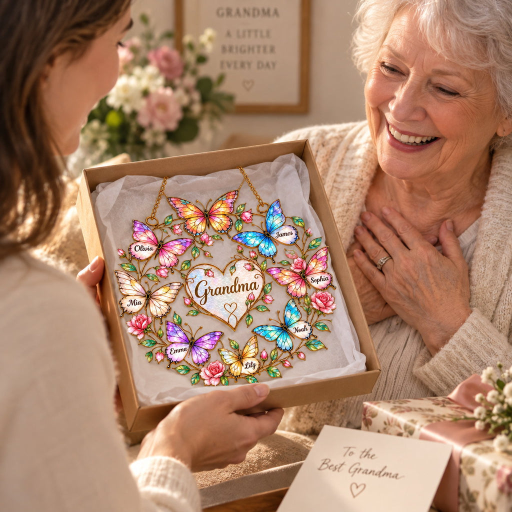 Personalized Family Names Butterfly Rose Heart Holographic Acrylic Suncatcher with Gem Charms