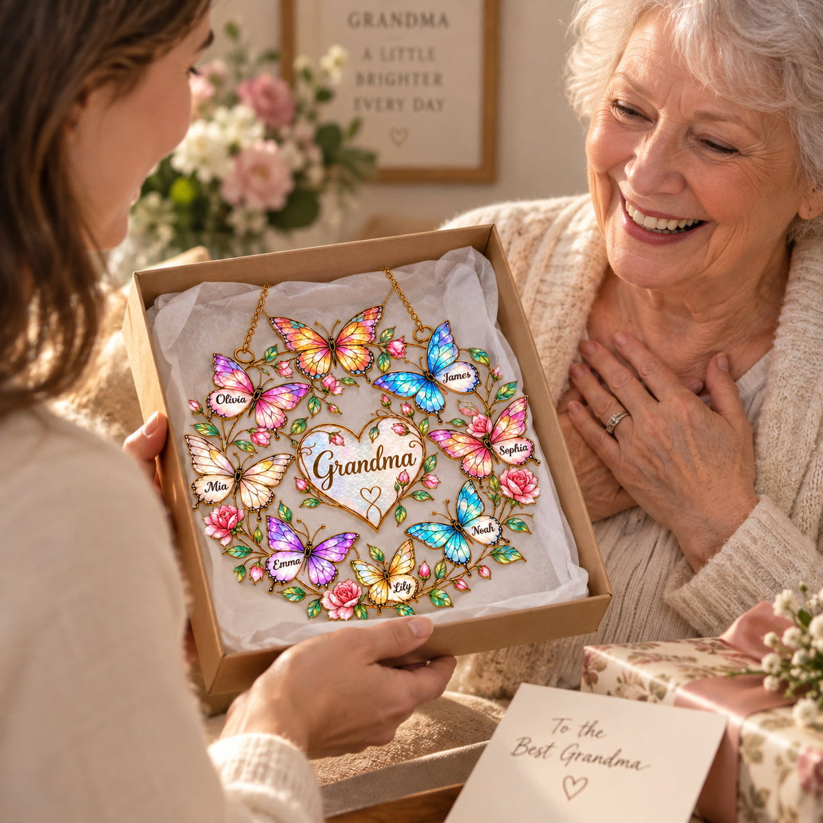 Personalized Family Names Butterfly Rose Heart Holographic Acrylic Suncatcher with Gem Charms