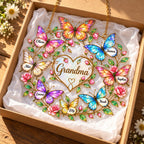 Personalized Family Names Butterfly Rose Heart Holographic Acrylic Suncatcher with Gem Charms