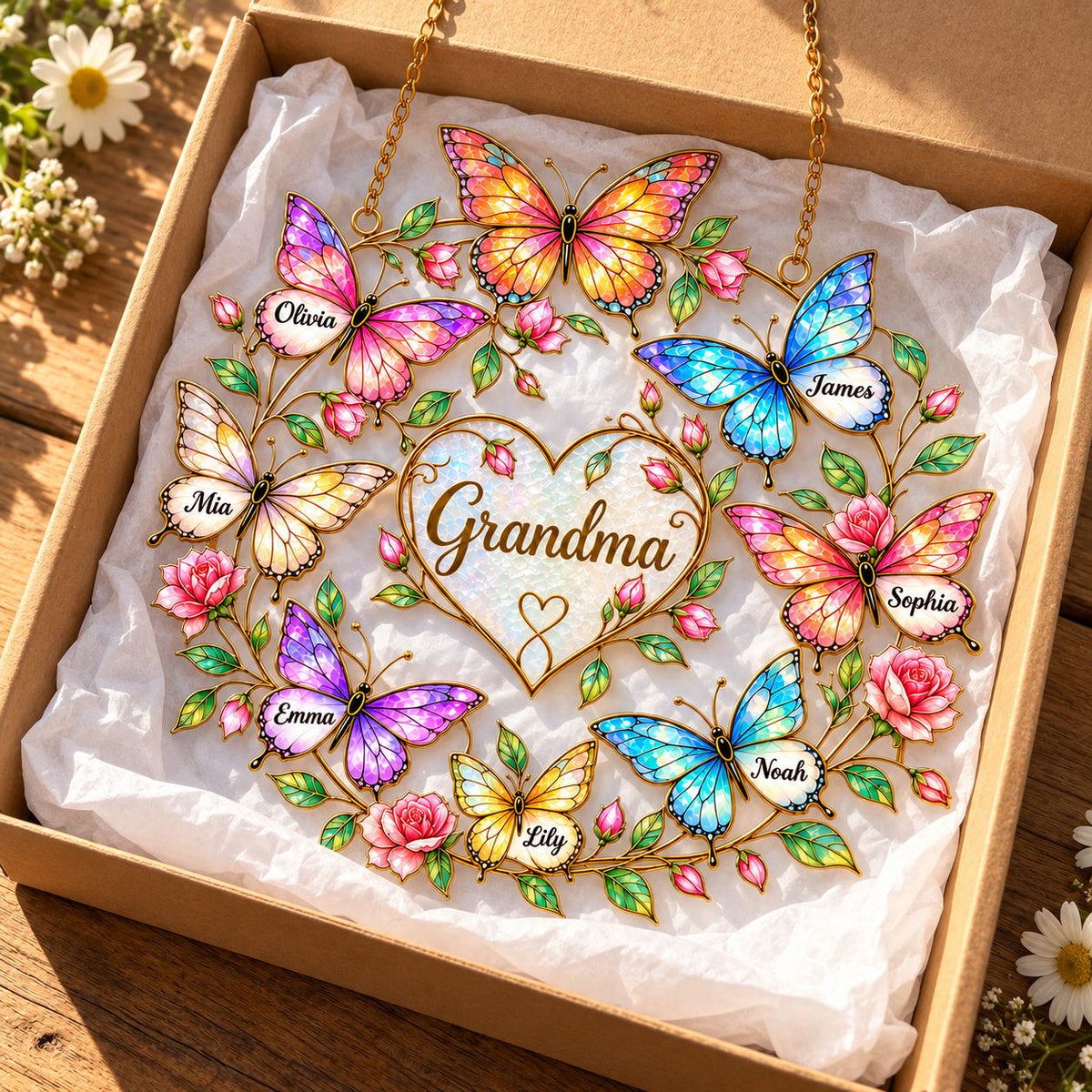 Personalized Family Names Butterfly Rose Heart Holographic Acrylic Suncatcher with Gem Charms