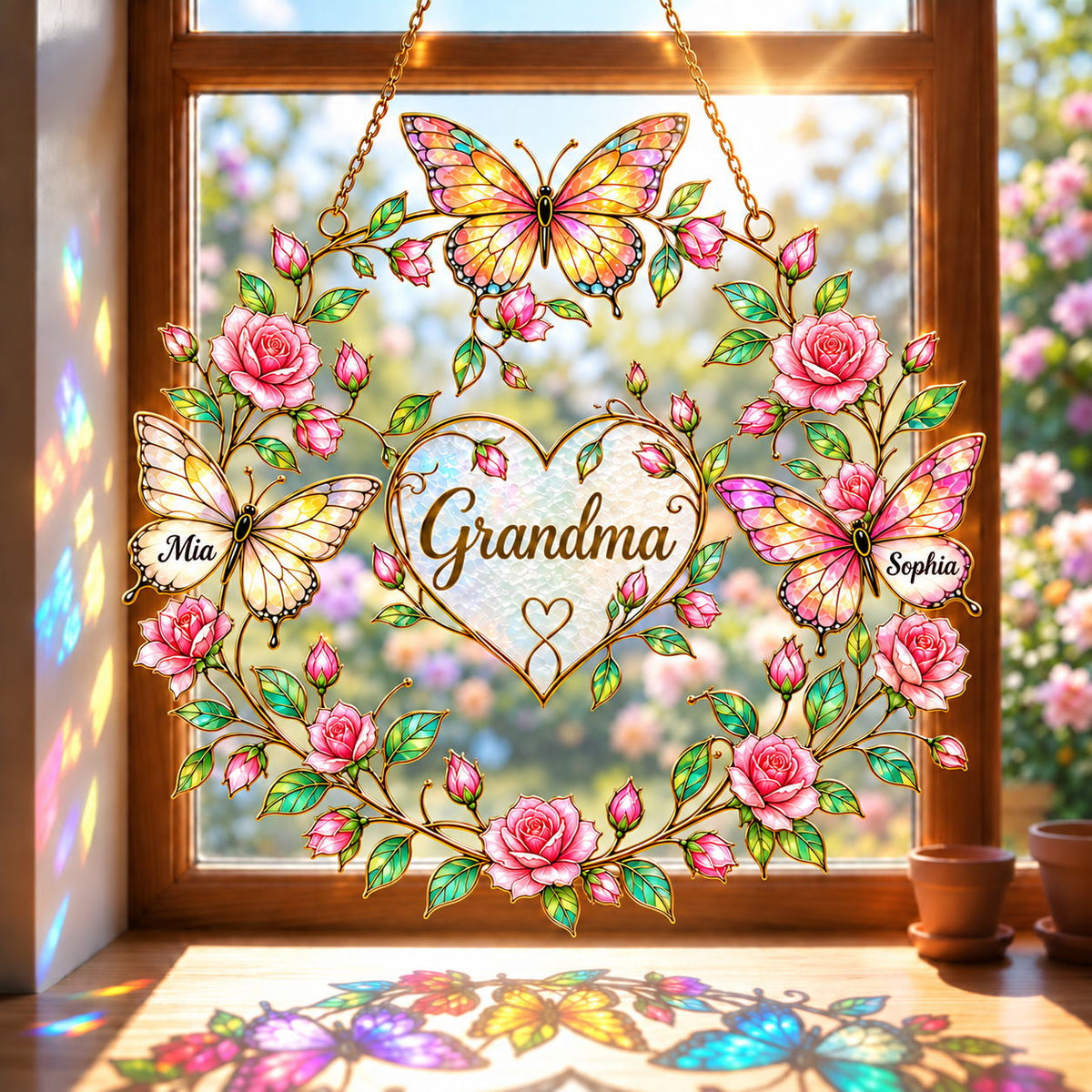 Personalized Family Names Butterfly Rose Heart Holographic Acrylic Suncatcher with Gem Charms