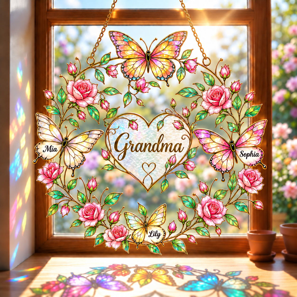 Personalized Family Names Butterfly Rose Heart Holographic Acrylic Suncatcher with Gem Charms