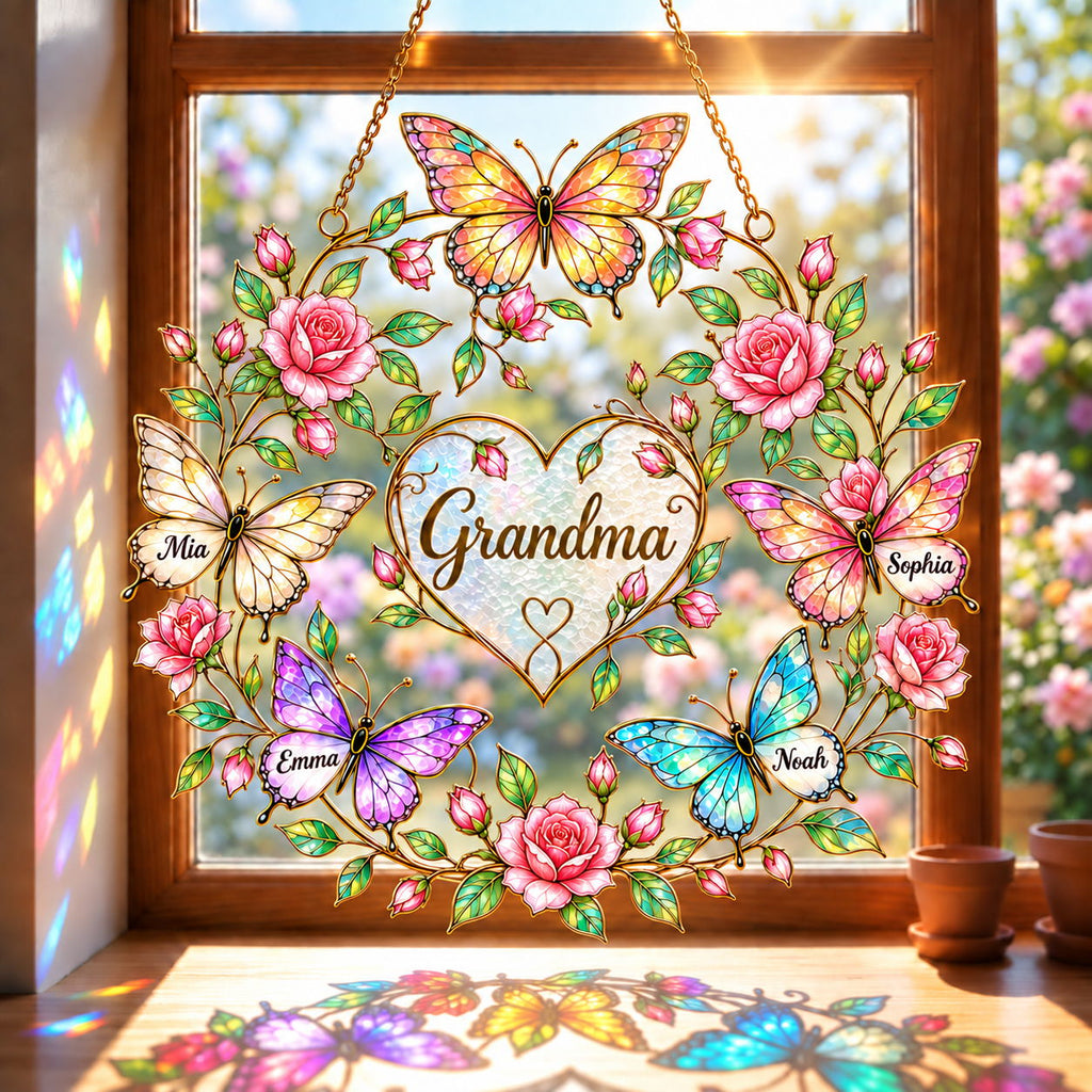 Personalized Family Names Butterfly Rose Heart Holographic Acrylic Suncatcher with Gem Charms