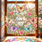 Personalized Family Names Butterfly Rose Heart Holographic Acrylic Suncatcher with Gem Charms