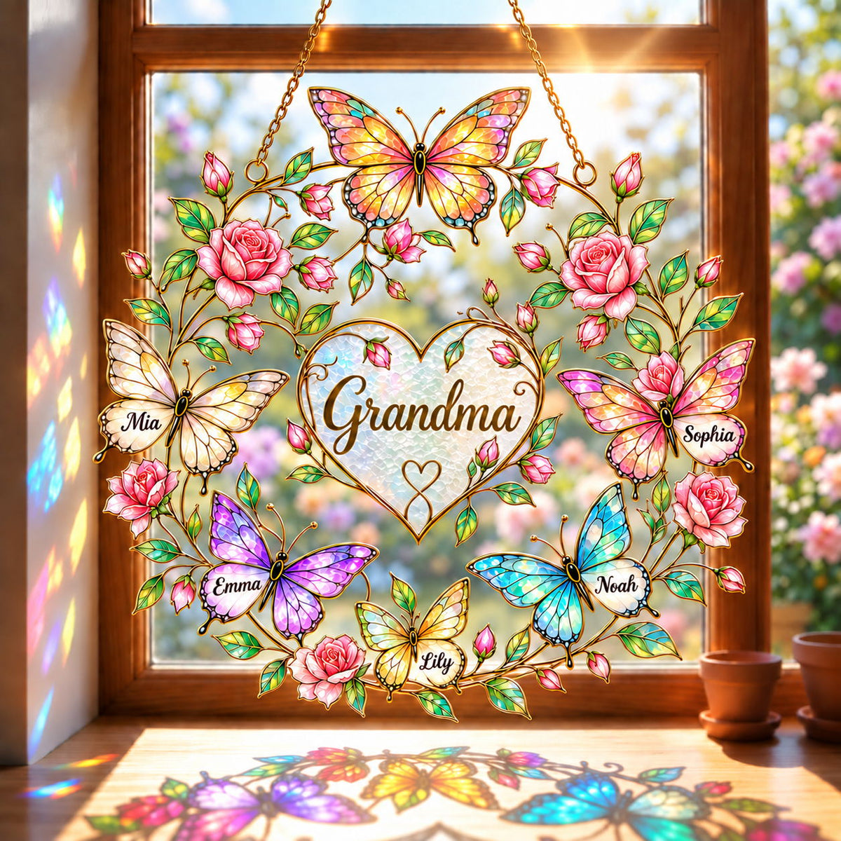 Personalized Family Names Butterfly Rose Heart Holographic Acrylic Suncatcher with Gem Charms