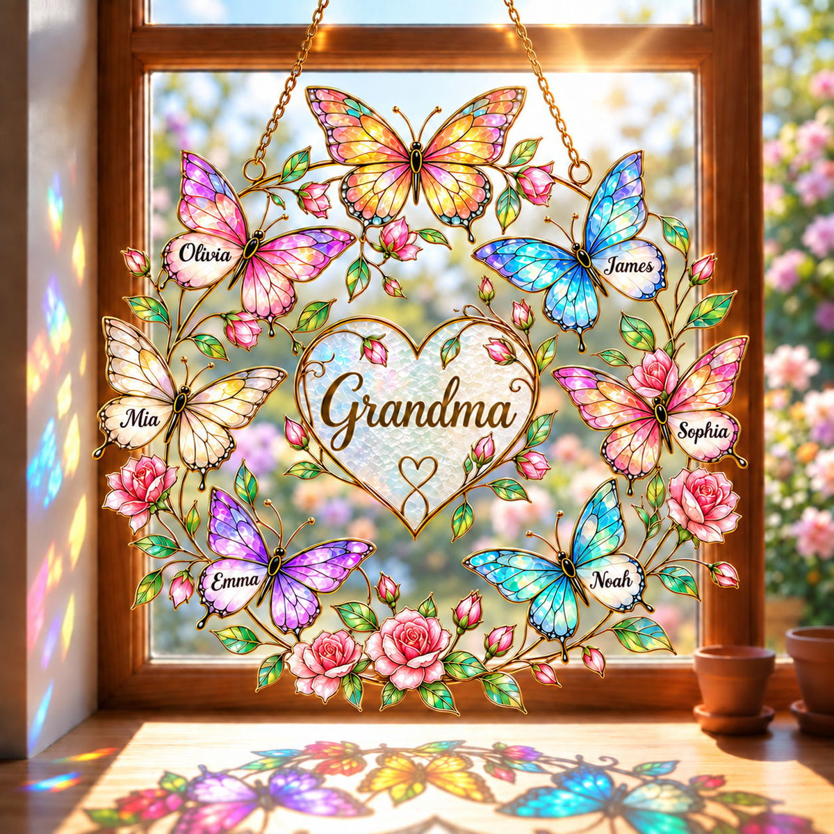 Personalized Family Names Butterfly Rose Heart Holographic Acrylic Suncatcher with Gem Charms