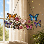 Personalized Grandma butterfly and roses holographic acrylic suncatcher with six grandkid names and a Nana heart, hanging in a sunny window
