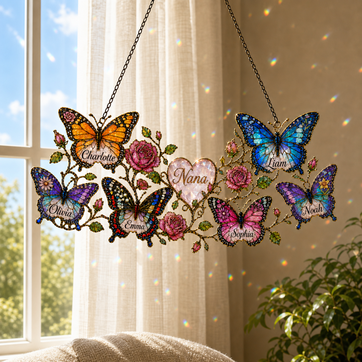 Personalized Grandma butterfly and roses holographic acrylic suncatcher with six grandkid names and a Nana heart, hanging in a sunny window