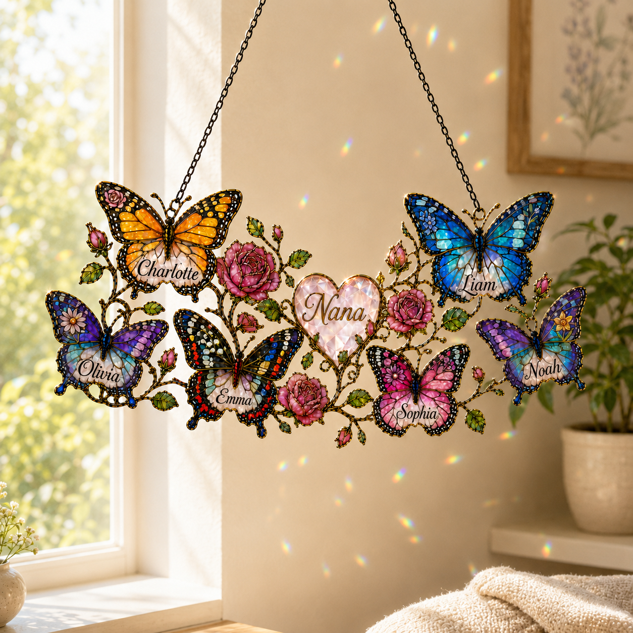 Close-up of the personalized butterfly and roses suncatcher scattering rainbow light across a cream wall